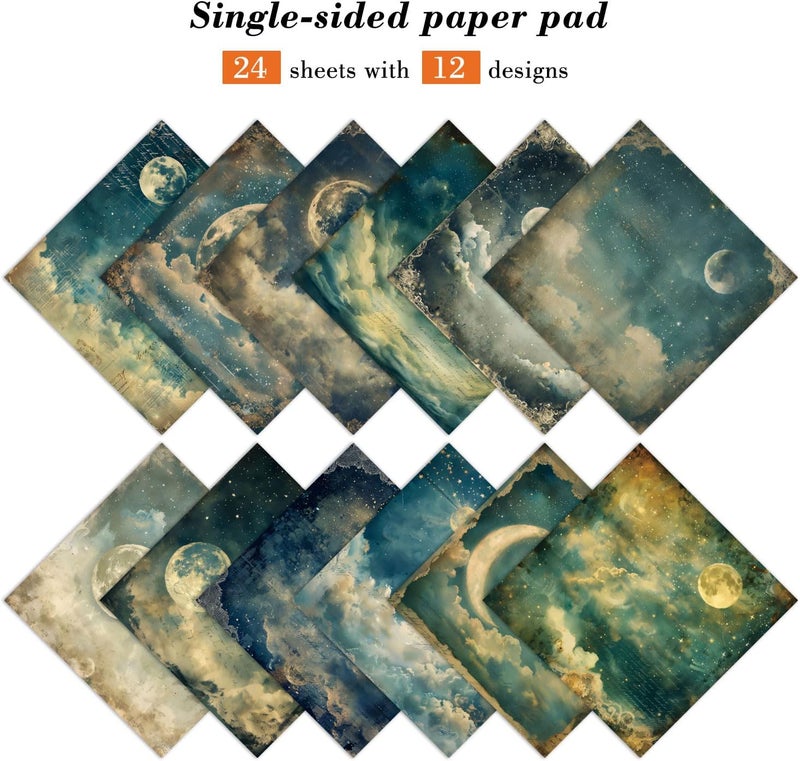 EAMOTOL Moon Starry Sky Scrapbook Paper Pad - 24 Sheets 6x6 in Pattern Designed Decorative Decoupage Origami Folded Card Material for DIY Crafts Gift Wrapping Planners Junk Journal Supplies - Image 2